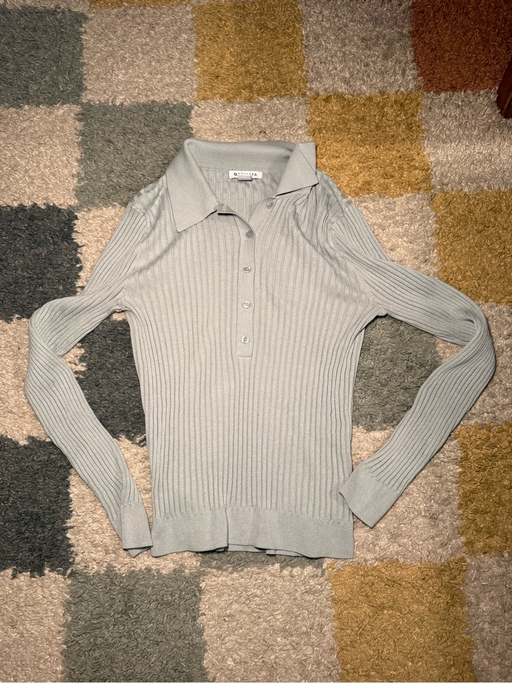 Light Gray/Green Ribbed Polo Sweater